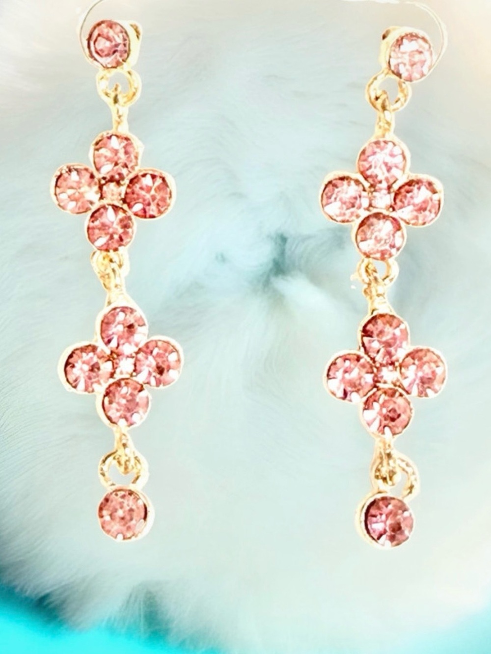 Gold-Tone Pink Crystal Flower Drop Earrings